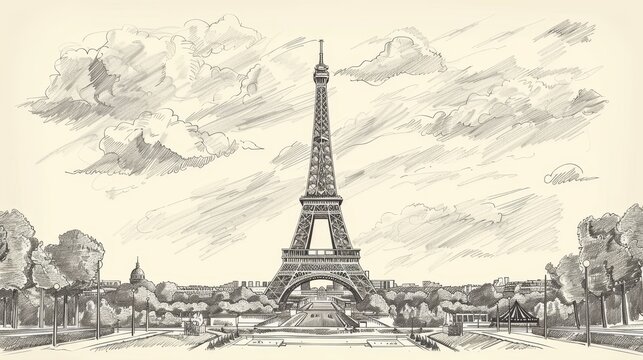 Eiffel Tower  Iconic Parisian landmark, handdrawn illustration, dreamy background