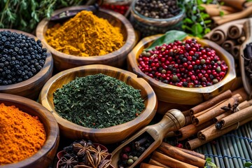 Various aromatic colorful spices and herbs. Ingredients for cooking, Ayurveda treatments, natural background