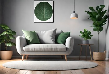 Chic home décor with nature-inspired element, Stylish living space featuring botanical wall art, Modern interior design with leaf accent on wall. - obrazy, fototapety, plakaty
