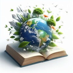 World book day, earth comes out of a book isolated on a white background
