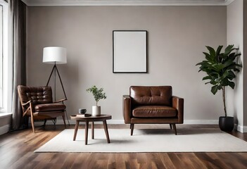 Serene living space featuring a leather armchair, Rustic brown leather chair in a wooden-floored room, Vintage leather chair in a warmly lit room. - obrazy, fototapety, plakaty