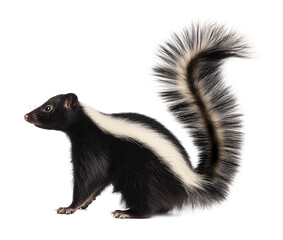 Side view of a skunk animal in black and white fur