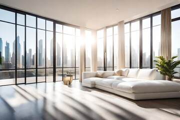 Scenic city skyline visible from bright and airy living room, Modern living room with expansive city view through large windows, Sunlight streaming through floor-to-ceiling windows overlooking.