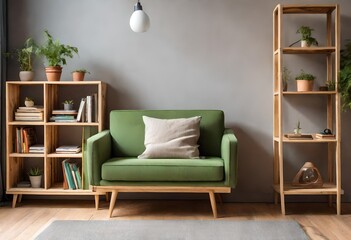 Green chair nestled among books and plants in a room, Tranquil setting featuring a green chair, bookshelves, and plants, Relaxing nook with a green chair surrounded by books and greenery. - obrazy, fototapety, plakaty