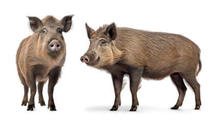 Set of wild boar image view from the side and font, isolated background