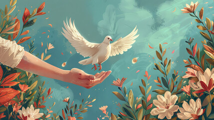 A hand is holding a white dove in a painting of a garden
