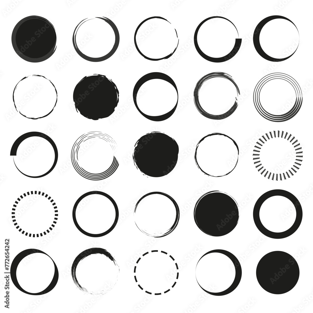 Poster assorted circular brush strokes and shapes set. abstract round elements collection. graphic design m