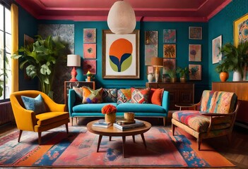 Bright and cheerful living room with colorful furnishings, Colorful décor in a lively turquoise...