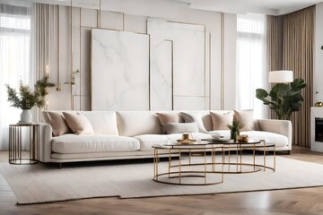 Chic and sophisticated living room featuring white and gold décor, Stylish interior with white furniture and luxurious gold accents, Elegant white and gold themed modern living room.