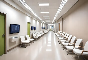 Medical center waiting lounge featuring white chairs and television, Waiting room in hospital with white chairs and TV screen, Modern hospital waiting area with white chairs and TV for patients.