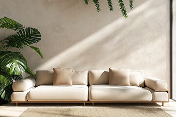 Sala de estar minimalista e ecológica com sofá arredondado, parede branca e elementos de design sustentável, como ripas de madeira. Plantas adicionam um toque natural, criando um ambiente acolhedor - obrazy, fototapety, plakaty