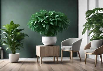 Room with green walls featuring three houseplants, Indoor plants in a serene green room, Three lush potted plants against green walls.