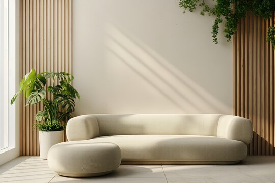 Sala de estar minimalista e ecol&oacute;gica com sof&aacute; arredondado, parede branca e elementos de design sustent&aacute;vel, como ripas de madeira. Plantas adicionam um toque natural, criando um ambiente acolhedor