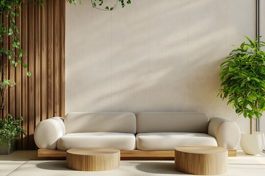 Sala de estar minimalista e ecol&oacute;gica com sof&aacute; arredondado, parede branca e elementos de design sustent&aacute;vel, como ripas de madeira. Plantas adicionam um toque natural, criando um ambiente acolhedor