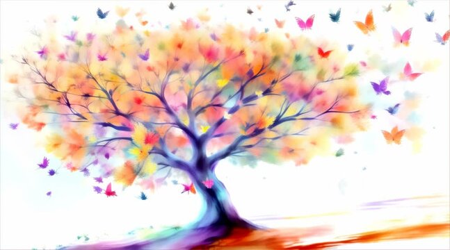 A vibrant tree with colorful leaves transforming into flying butterflies.