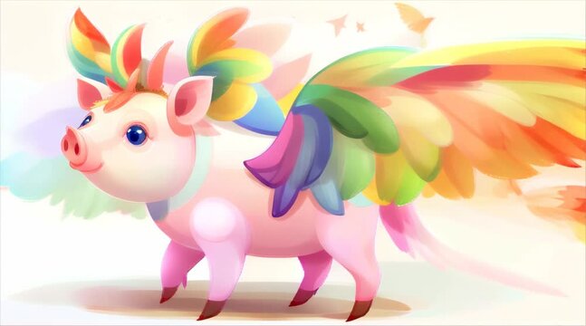 A whimsical pig with multicolored wings on a pastel background.