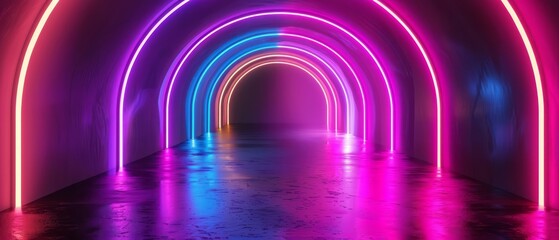 A tunnel is filled with neon tubes and lights in navy and violet, creating a rustic futuristic look with sharp angles.
