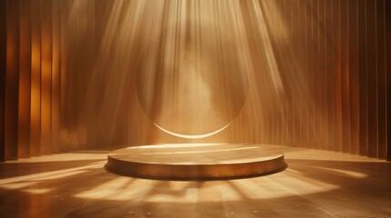 A golden light emanates from a round source, illuminating minimalist stage designs in light gold and brown, creating a sense of grandeur. - obrazy, fototapety, plakaty