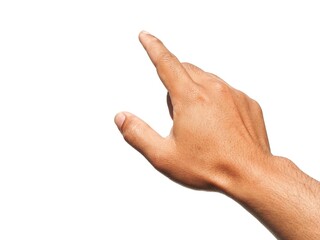 Men's hands making gestures like I'm pointing at something. or touch the phone screen Isolated on white background. - obrazy, fototapety, plakaty
