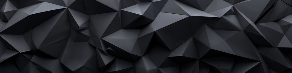 For websites, businesses, and print design templates, an abstract texture dark black gray grey background banner panorama long with three-dimensional geometric triangular gradient shapes is provided. - obrazy, fototapety, plakaty