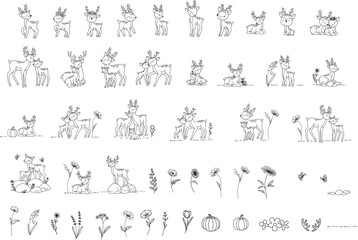Big set deer animal cartoon with flower floral hand drawn,doodle,line art style Cute cartoon funny character. Pet collection. Flat design Baby background.vector illustration
