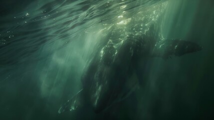 A large menacing shadow lurking beneath the waters surface hinting at the possible presence of deadly creatures like sharks or jellyfish.