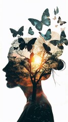 Mental health on a woman profile and butterflies - obrazy, fototapety, plakaty