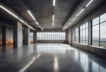 Minimalist room featuring windows and a polished concrete surface, Large empty interior with windows and industrial flooring, Spacious room with natural light and concrete floor.