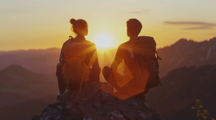 Two hikers sit atop a mountain peak gazing at the beautiful sunset behind them. posture exudes a sense of accomplishment and . . - obrazy, fototapety, plakaty