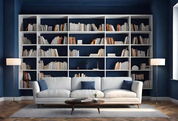 Minimalist blue and white living space with bookshelves, Elegant white sofa in a stylish blue living room, Contemporary living room with white sofa against blue walls.
