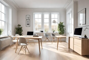 Contemporary office design with white walls and wooden floors, Clean and bright office setting featuring white walls and wooden floors, Sleek and modern office interior with white walls.
