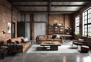 Fototapeta na wymiar Brown leather sofa and armchair in an industrial living room, Modern industrial décor featuring brown leather furniture, Stylish living space with industrial vibes and leather seating.