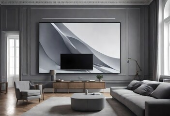 Gray living room with striking large painting wall, Modern gray room featuring prominent wall art, Stylish living space adorned with oversized artwork.  