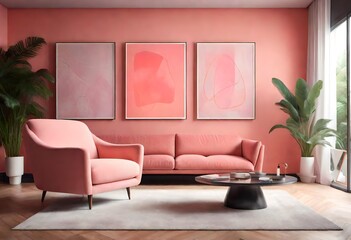 A feminine living room with soft pink tones and plush seating, A stylish living room with pink accents and modern furniture, A cozy living room with pink walls, a pink sofa, and a pink rug. - obrazy, fototapety, plakaty