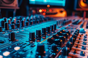 Professional sound recording studio with intricate audio equipment and mixing console, music production concept, high-resolution photo - obrazy, fototapety, plakaty