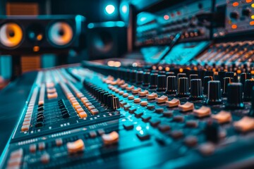 Professional sound recording studio with intricate audio equipment and mixing console, music production concept, high-resolution photo