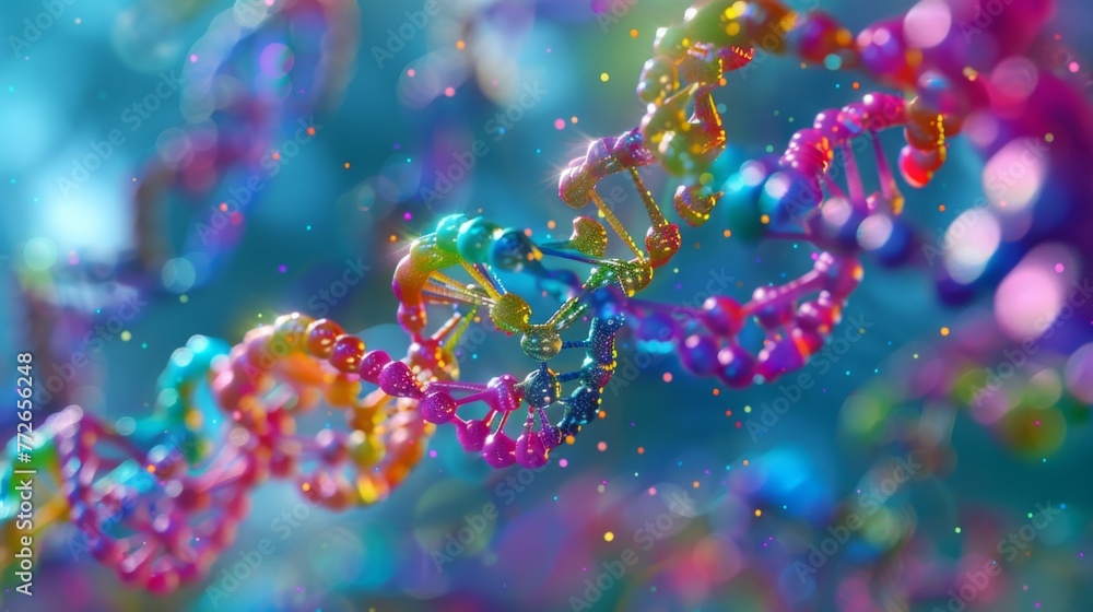 Poster a vivid illustration of a gene expression process with different colored strands of rna being transc