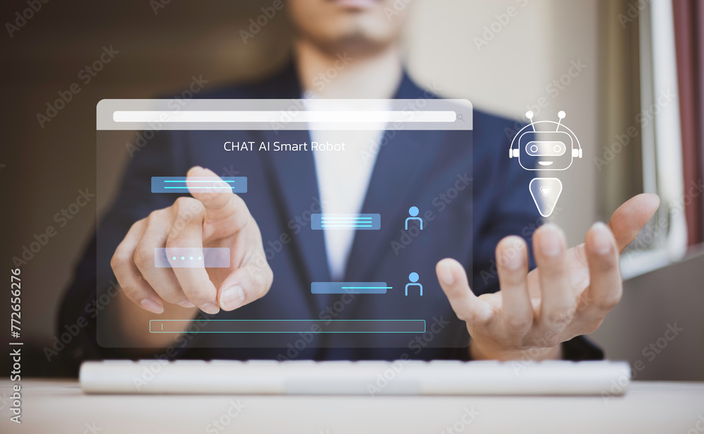 Poster ai tech, businessman show virtual graphic global internet connect ai, artificial intelligence futuri