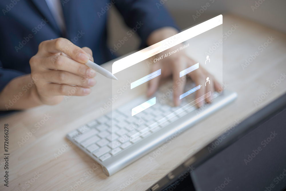 Poster ai tech, businessman show virtual graphic global internet connect ai, artificial intelligence futuri