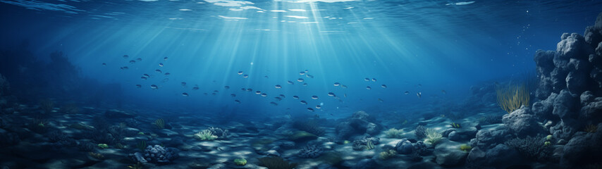 Tranquil Undersea Landscape with Sunlight and Fish School - obrazy, fototapety, plakaty