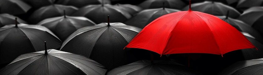 A red umbrella amidst a sea of black umbrellas, symbolizing individuality, distinctiveness, and a different perspective within a conforming society, vibrant