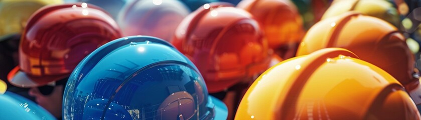 Multicolored safety construction worker helmets underscoring the teamwork and quality needed in the construction industry, Prime Lenses