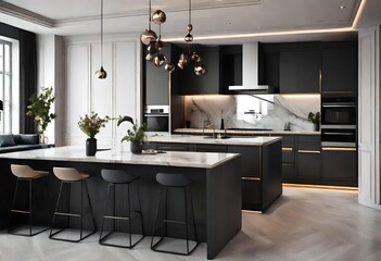 Sleek black cabinets contrast with elegant marble countertops in a modern kitchen, Chic kitchen with black cabinetry and stunning marble countertops, A stylish kitchen with black cabinets.