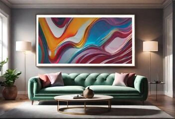Artistic living room décor, Colorful abstract painting above green couch, Modern décor with abstract art. 