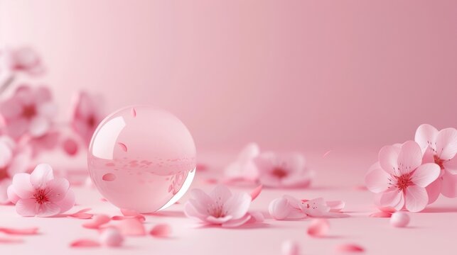 Delicate cherry blossom petals fall gracefully against a soft pink background infusing the Ethereal Glow podium with a sense of femininity . .