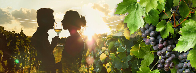 A relaxed and happy couple is enjoying a glass of wine in vineyard in the warm glow of the setting sun. A cluster of ripe, deep purple grapes hangs from a vine in foreground.