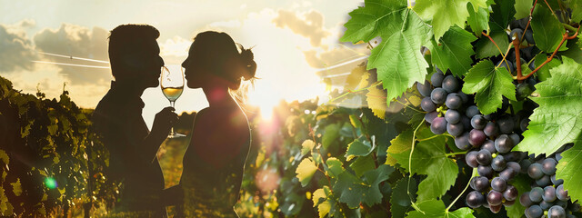 A relaxed and happy couple is enjoying a glass of wine in vineyard in the warm glow of the setting...