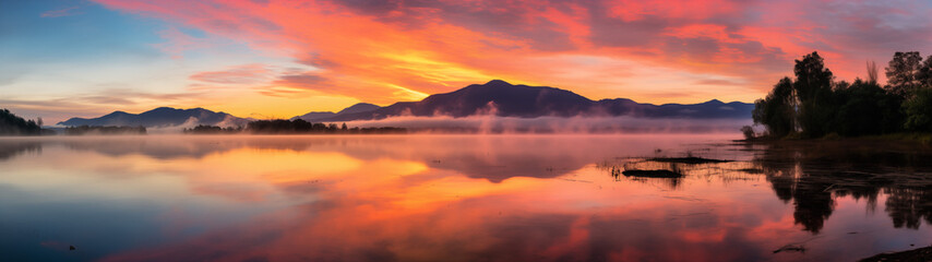 Obraz premium Sunset Glow Over Misty Lake with Mountain Silhouettes