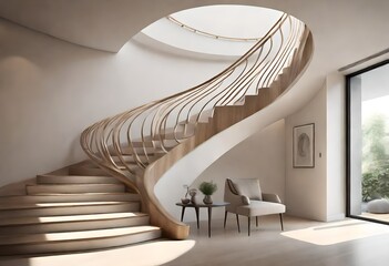 Minimalist staircase design with wooden handrails, Modern interior staircase with wooden banisters,...
