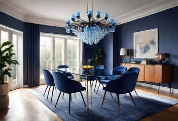 Chic dining room décor with blue chairs and overhead chandelier, Beautifully decorated dining space with blue seating and a glamorous chandelier, Modern dining area featuring blue chairs and a style. - obrazy, fototapety, plakaty
